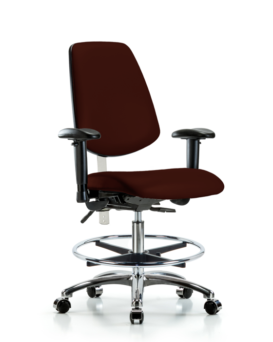 Blue Ridge Ergonomics NCR-VMBCH-MB-CR-T1-A1-CF-CC-8569 Class 100 Vinyl Clean Room Chair - Medium Bench Height with Medium Back, Seat Tilt, Adjustable Arms, Chrome Foot Ring, & Casters in Burgundy Trailblazer™ Vinyl