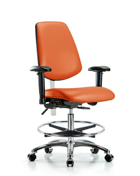 Blue Ridge Ergonomics NCR-VMBCH-MB-CR-T1-A1-CF-CC-8613 CL100 Vinyl Clean Room Chair - Medium Bench Height with Medium Back, Seat Tilt, Adjustable Arms, Chrome Foot Ring, & Casters in Orange Kist Trailblazer™ Vinyl