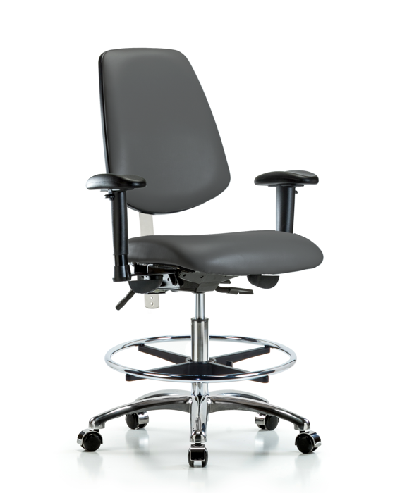 Blue Ridge Ergonomics NCR-VMBCH-MB-CR-T1-A1-CF-CC-8823 Class 100 Vinyl Clean Room Chair - Medium Bench Height with Medium Back, Seat Tilt, Adjustable Arms, Chrome Foot Ring, & Casters in Carbon Supernova™ Vinyl