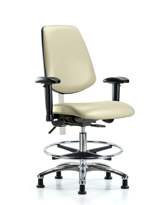 Blue Ridge Ergonomics NCR-VMBCH-MB-CR-T1-A1-CF-RG-8501 CL100 Vinyl Clean Room Chair - Medium Bench Height with Medium Back, Seat Tilt, Adj Arms, Chrome Foot Ring, & Stationary Glides in Adobe White Trailblazer™ Vinyl
