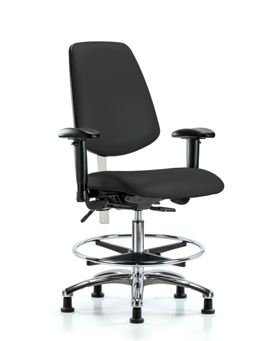 Blue Ridge Ergonomics NCR-VMBCH-MB-CR-T1-A1-CF-RG-8540 CL100 Vinyl Clean Room Chair - Medium Bench Height with Medium Back, Seat Tilt, Adj Arms, Chrome Foot Ring, & Stationary Glides in Black Trailblazer™ Vinyl
