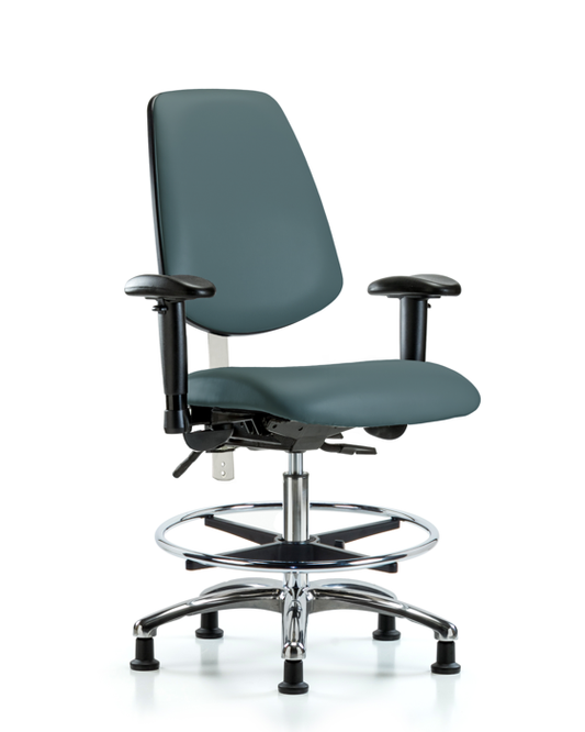 Blue Ridge Ergonomics NCR-VMBCH-MB-CR-T1-A1-CF-RG-8546 CL100 Vinyl Clean Room Chair - Medium Bench Height w/ Medium Back, Seat Tilt, Adj Arms, Chrome Foot Ring, & Stationary Glides in Colonial Blue Trailblazer™ Vinyl