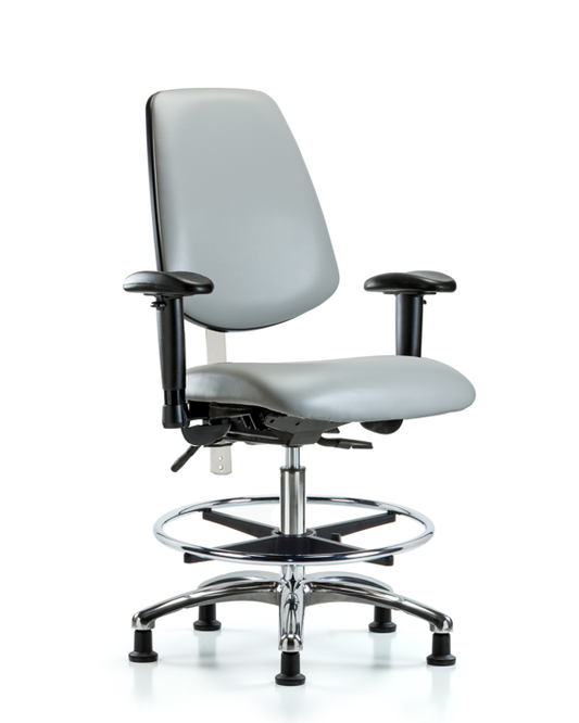 Blue Ridge Ergonomics NCR-VMBCH-MB-CR-T1-A1-CF-RG-8567 CL100 Vinyl Clean Room Chair - Medium Bench Height with Medium Back, Seat Tilt, Adjustable Arms, Chrome Foot Ring, & Stationary Glides in Dove Trailblazer™ Vinyl