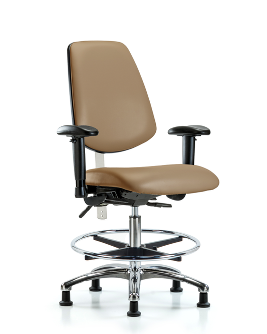 Blue Ridge Ergonomics NCR-VMBCH-MB-CR-T1-A1-CF-RG-8584 CL100 Vinyl Clean Room Chair - Medium Bench Height with Medium Back, Seat Tilt, Adj Arms, Chrome Foot Ring, & Stationary Glides in Taupe Trailblazer™ Vinyl