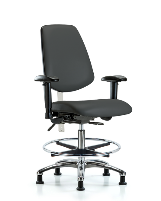 Blue Ridge Ergonomics NCR-VMBCH-MB-CR-T1-A1-CF-RG-8605 CL100 Vinyl Clean Room Chair - Medium Bench Height with Medium Back, Seat Tilt, Adj Arms, Chrome Foot Ring, & Stationary Glides in Charcoal Trailblazer™ Vinyl