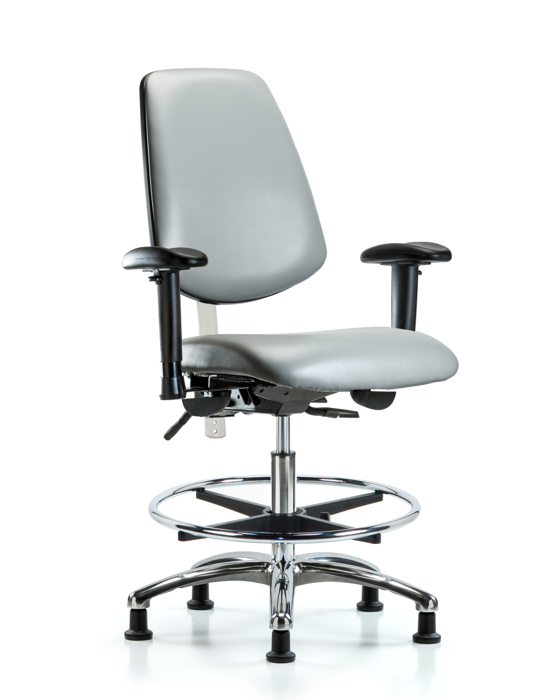 Blue Ridge Ergonomics NCR-VMBCH-MB-CR-T1-A1-CF-RG-8840 CL100 Vinyl Clean Room Chair - Medium Bench Height with Medium Back, Seat Tilt, Adj Arms, Chrome Foot Ring, & Stationary Glides in Sterling Supernova™ Vinyl