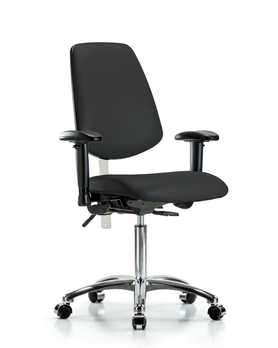Blue Ridge Ergonomics NCR-VMBCH-MB-CR-T1-A1-NF-CC-8540 Class 100 Vinyl Clean Room Chair - Medium Bench Height with Medium Back, Seat Tilt, Adjustable Arms, & Casters in Black Trailblazer™ Vinyl