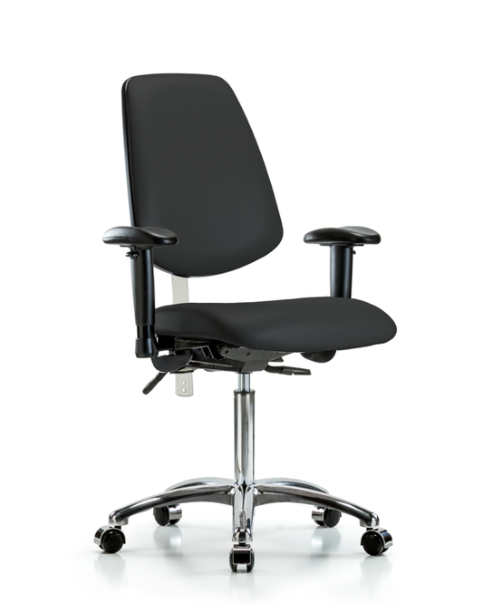 Blue Ridge Ergonomics NCR-VMBCH-MB-CR-T1-A1-NF-CC-8540 Class 100 Vinyl Clean Room Chair - Medium Bench Height with Medium Back, Seat Tilt, Adjustable Arms, & Casters in Black Trailblazer™ Vinyl