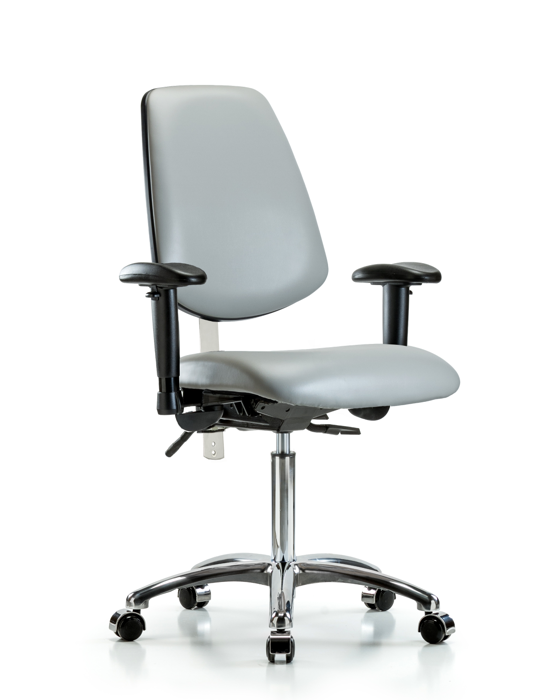 Blue Ridge Ergonomics NCR-VMBCH-MB-CR-T1-A1-NF-CC-8567 Class 100 Vinyl Clean Room Chair - Medium Bench Height with Medium Back, Seat Tilt, Adjustable Arms, & Casters in Dove Trailblazer™ Vinyl