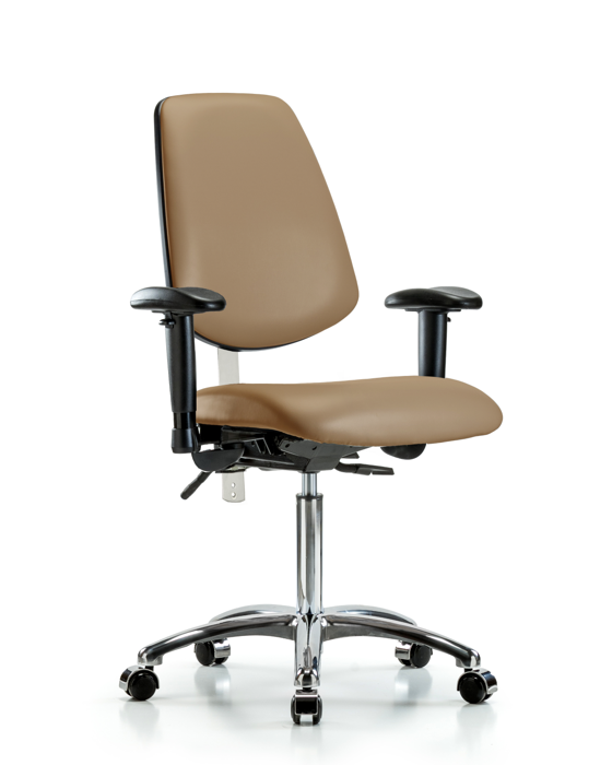 Blue Ridge Ergonomics NCR-VMBCH-MB-CR-T1-A1-NF-CC-8584 Class 100 Vinyl Clean Room Chair - Medium Bench Height with Medium Back, Seat Tilt, Adjustable Arms, & Casters in Taupe Trailblazer™ Vinyl