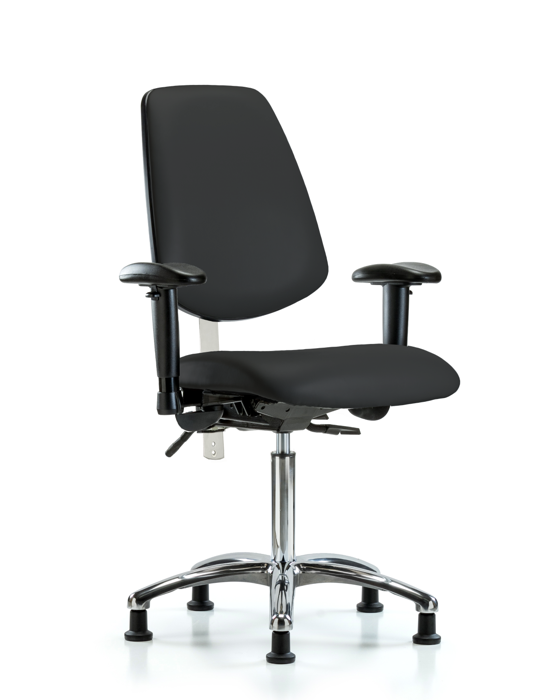 Blue Ridge Ergonomics NCR-VMBCH-MB-CR-T1-A1-NF-RG-8540 Class 100 Vinyl Clean Room Chair - Medium Bench Height with Medium Back, Seat Tilt, Adjustable Arms, & Stationary Glides in Black Trailblazer™ Vinyl