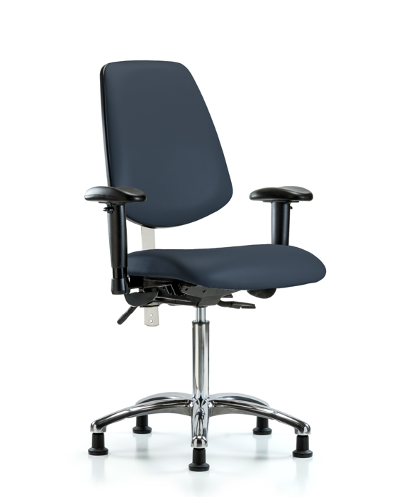 Blue Ridge Ergonomics NCR-VMBCH-MB-CR-T1-A1-NF-RG-8582 Class 100 Vinyl Clean Room Chair - Medium Bench Height with Medium Back, Seat Tilt, Adjustable Arms, & Stationary Glides in Imperial Blue Trailblazer™ Vinyl