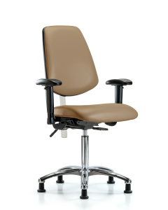 Blue Ridge Ergonomics VMBCH-MB-CR-T1-A1-NF-RG-8584 Rutledge Vinyl Chair Chrome - Medium Bench Height with Medium Back, Seat Tilt, Adjustable Arms, & Stationary Glides in Taupe Trailblazer™ Vinyl