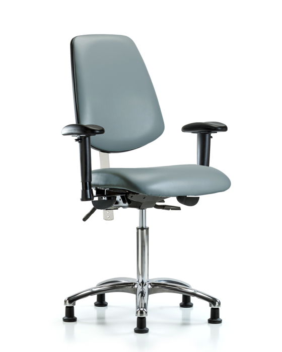 Blue Ridge Ergonomics NCR-VMBCH-MB-CR-T1-A1-NF-RG-8822 Class 100 Vinyl Clean Room Chair - Medium Bench Height with Medium Back, Seat Tilt, Adjustable Arms, & Stationary Glides in Storm Supernova™ Vinyl