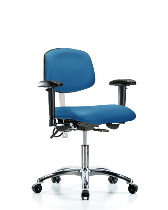 Blue Ridge Ergonomics NECR-DHCH-CR-T1-A1-EC-ESDBLU Class 100 Vinyl Clean Room/ESD Chair - Desk Height with Seat Tilt, Adjustable Arms, & ESD Casters in Blue ESD Vinyl