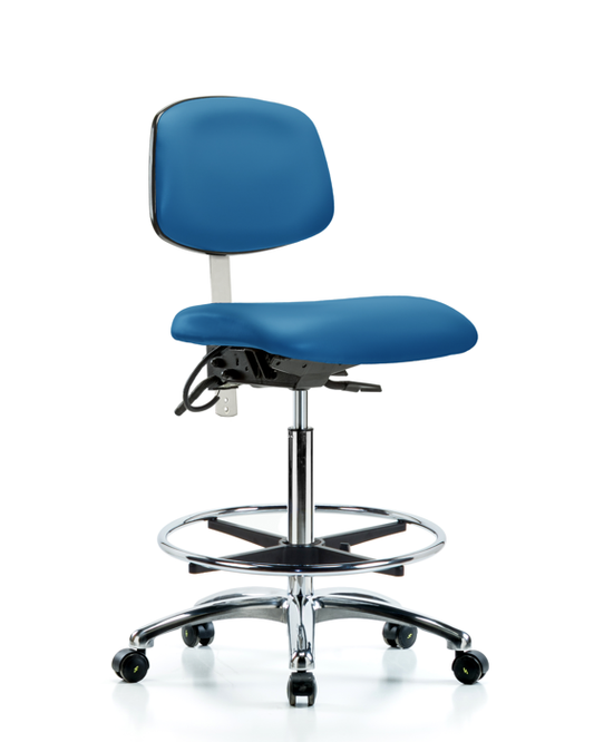 Blue Ridge Ergonomics NECR-HBCH-CR-T0-A0-CF-EC-ESDBLU Class 100 Vinyl Clean Room/ESD Chair - High Bench Height with Chrome Foot Ring & ESD Casters in Blue ESD Vinyl