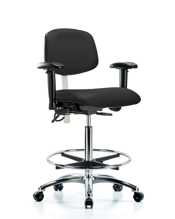 Blue Ridge Ergonomics NECR-HBCH-CR-T0-A1-CF-EC-ESDBLK Class 100 Vinyl Clean Room/ESD Chair - High Bench Height with Adjustable Arms, Chrome Foot Ring, & ESD Casters in Black ESD Vinyl