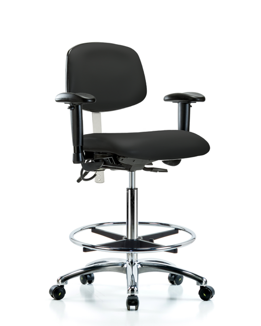 Blue Ridge Ergonomics NECR-HBCH-CR-T0-A1-CF-EC-ESDBLK Class 100 Vinyl Clean Room/ESD Chair - High Bench Height with Adjustable Arms, Chrome Foot Ring, & ESD Casters in Black ESD Vinyl