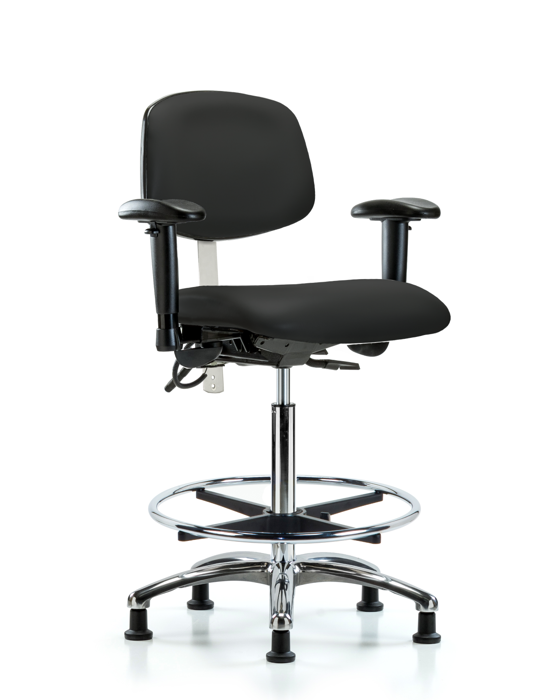 Blue Ridge Ergonomics NECR-HBCH-CR-T0-A1-CF-EG-ESDBLK Class 100 Vinyl Clean Room/ESD Chair - High Bench Height with Adjustable Arms, Chrome Foot Ring, & ESD Stationary Glides in Black ESD Vinyl