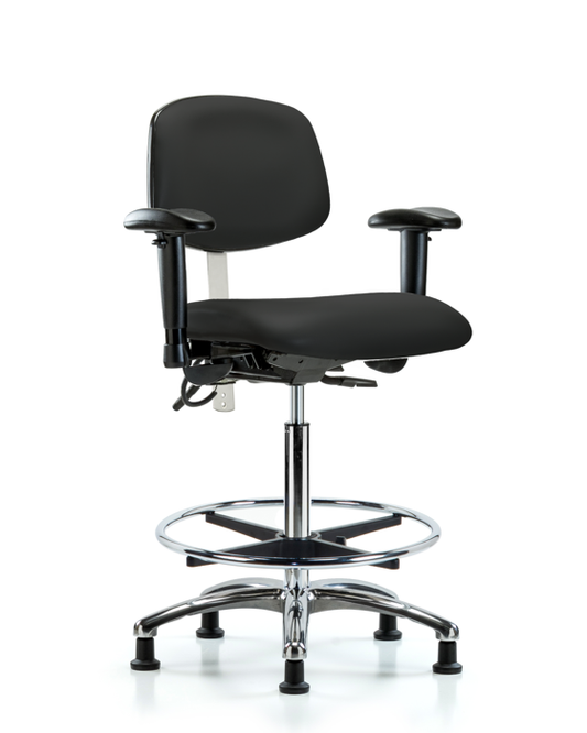 Blue Ridge Ergonomics NECR-HBCH-CR-T0-A1-CF-EG-ESDBLK Class 100 Vinyl Clean Room/ESD Chair - High Bench Height with Adjustable Arms, Chrome Foot Ring, & ESD Stationary Glides in Black ESD Vinyl