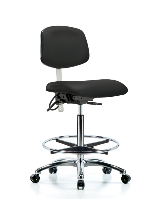 Blue Ridge Ergonomics NECR-HBCH-CR-T1-A0-CF-EC-ESDBLK Class 100 Vinyl Clean Room/ESD Chair - High Bench Height with Seat Tilt, Chrome Foot Ring, & ESD Casters in Black ESD Vinyl