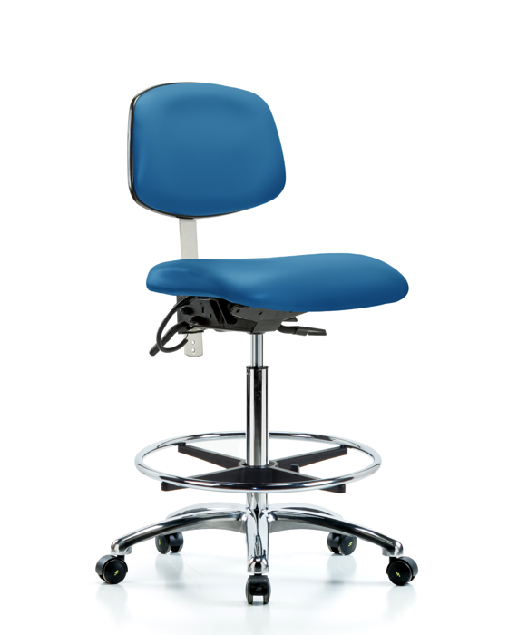 Blue Ridge Ergonomics NECR-HBCH-CR-T1-A0-CF-EC-ESDBLU Class 100 Vinyl Clean Room/ESD Chair - High Bench Height with Seat Tilt, Chrome Foot Ring, & ESD Casters in Blue ESD Vinyl