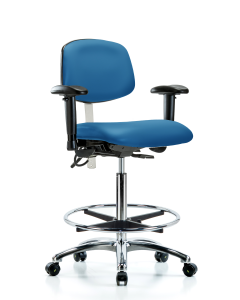 Blue Ridge Ergonomics NECR-HBCH-CR-T1-A1-CF-EC-ESDBLU Class 100 Vinyl Clean Room/ESD Chair - High Bench Height with Seat Tilt, Adjustable Arms, Chrome Foot Ring, & ESD Casters in Blue ESD Vinyl