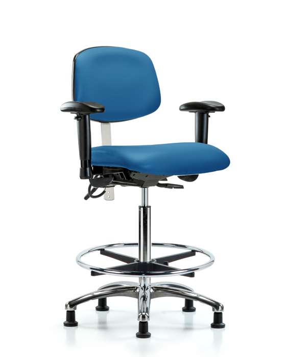 Blue Ridge Ergonomics NECR-HBCH-CR-T1-A1-CF-EG-ESDBLU Class 100 Vinyl Clean Room/ESD Chair - High Bench Height with Seat Tilt, Adjustable Arms, Chrome Foot Ring, & ESD Stationary Glides in Blue ESD Vinyl