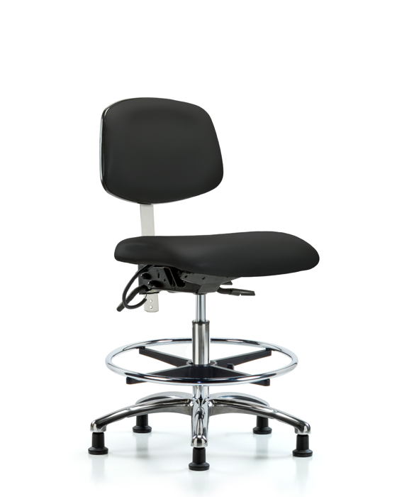 Blue Ridge Ergonomics NECR-MBCH-CR-T0-A0-CF-EG-ESDBLK Class 100 Vinyl Clean Room/ESD Chair - Medium Bench Height with Chrome Foot Ring & ESD Stationary Glides in Black ESD Vinyl