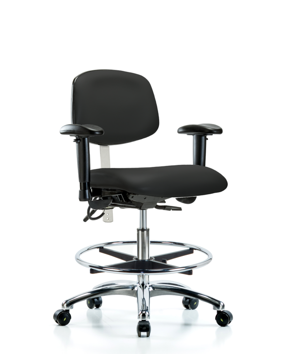 Blue Ridge Ergonomics NECR-MBCH-CR-T0-A1-CF-EC-ESDBLK Class 100 Vinyl Clean Room/ESD Chair - Medium Bench Height with Adjustable Arms, Chrome Foot Ring, & ESD Casters in Black ESD Vinyl