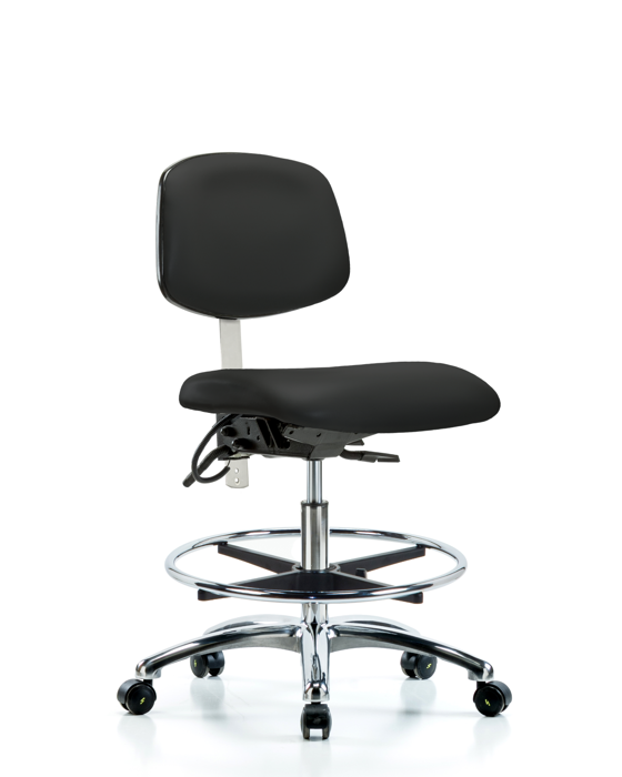 Blue Ridge Ergonomics NECR-MBCH-CR-T1-A0-CF-EC-ESDBLK Class 100 Vinyl Clean Room/ESD Chair - Medium Bench Height with Seat Tilt, Chrome Foot Ring, & ESD Casters in Black ESD Vinyl