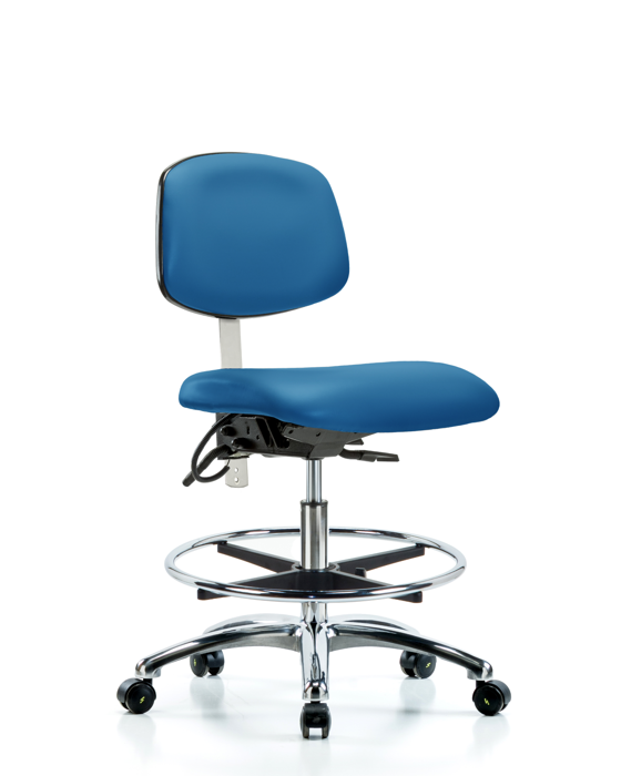 Blue Ridge Ergonomics NECR-MBCH-CR-T1-A0-CF-EC-ESDBLU Class 100 Vinyl Clean Room/ESD Chair - Medium Bench Height with Seat Tilt, Chrome Foot Ring, & ESD Casters in Blue ESD Vinyl