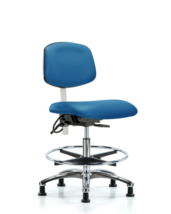 Blue Ridge Ergonomics NECR-MBCH-CR-T1-A0-CF-EG-ESDBLU Class 100 Vinyl Clean Room/ESD Chair - Medium Bench Height with Seat Tilt, Chrome Foot Ring, & ESD Stationary Glides in Blue ESD Vinyl