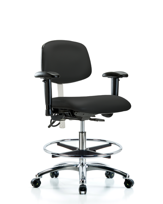 Blue Ridge Ergonomics NECR-MBCH-CR-T1-A1-CF-EC-ESDBLK Class 100 Vinyl Clean Room/ESD Chair - Medium Bench Height with Seat Tilt, Adjustable Arms, Chrome Foot Ring, & ESD Casters in Black ESD Vinyl