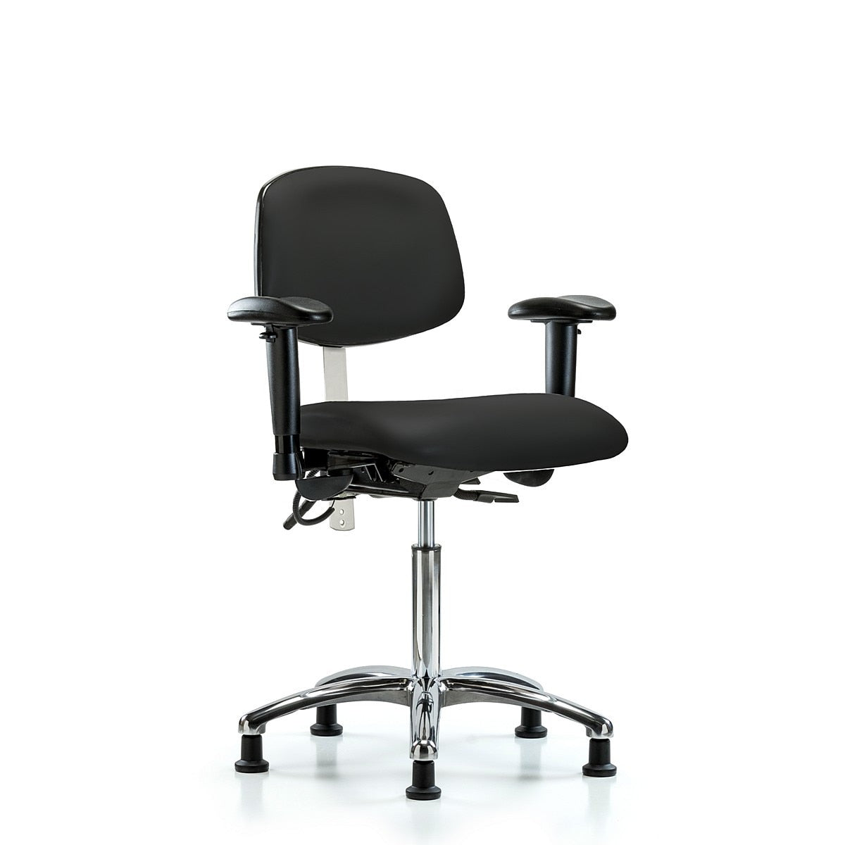 Blue Ridge Ergonomics NECR-MBCH-CR-T1-A1-NF-EG-ESDBLK Class 100 Vinyl Clean Room/ESD Chair - Medium Bench Height with Seat Tilt, Adjustable Arms, & ESD Stationary Glides in Black ESD Vinyl
