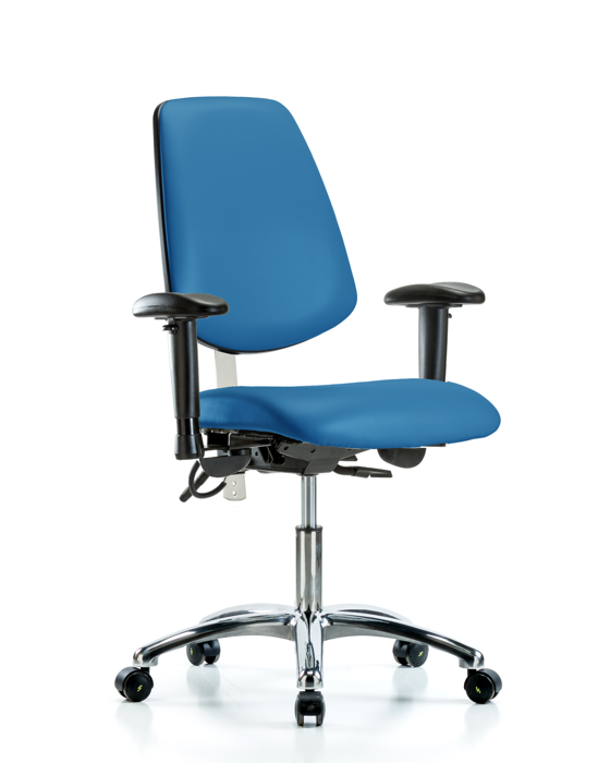 Blue Ridge Ergonomics NECR-VDHCH-MB-CR-T0-A1-EC-ESDBLU Class 100 Vinyl Clean Room/ESD Chair - Desk Height with Medium Back, Adjustable Arms, & ESD Casters in Blue ESD Vinyl