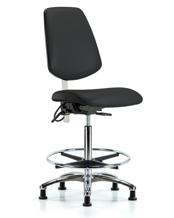Blue Ridge Ergonomics NECR-VHBCH-MB-CR-T1-A0-CF-EG-ESDBLK Class 100 Vinyl Clean Room/ESD Chair - High Bench Height with Medium Back, Seat Tilt, Chrome Foot Ring, & ESD Stationary Glides in Black ESD Vinyl