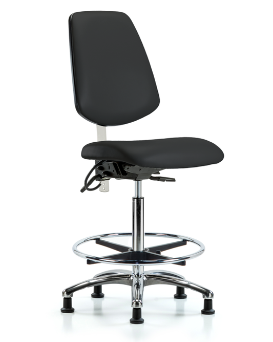 Blue Ridge Ergonomics NECR-VHBCH-MB-CR-T1-A0-CF-EG-ESDBLK Class 100 Vinyl Clean Room/ESD Chair - High Bench Height with Medium Back, Seat Tilt, Chrome Foot Ring, & ESD Stationary Glides in Black ESD Vinyl