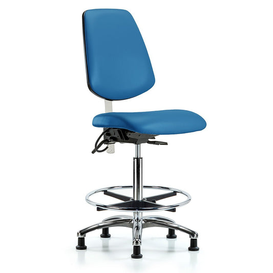 Blue Ridge Ergonomics NECR-VHBCH-MB-CR-T1-A0-CF-EG-ESDBLU Class 100 Vinyl Clean Room/ESD Chair - High Bench Height with Medium Back, Seat Tilt, Chrome Foot Ring, & ESD Stationary Glides in Blue ESD Vinyl