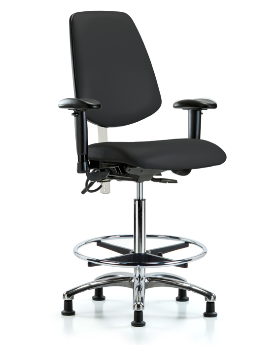 Blue Ridge Ergonomics NECR-VHBCH-MB-CR-T1-A1-CF-EG-ESDBLK CL100 Vinyl Clean Room/ESD Chair - High Bench Height with Medium Back, Seat Tilt, Adjustable Arms, Chrome Foot Ring, & ESD Stationary Glides in Black ESD Vinyl