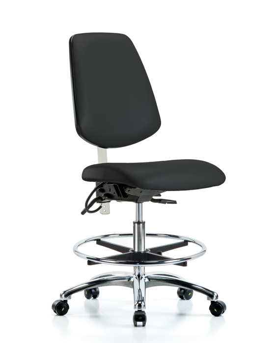 Blue Ridge Ergonomics NECR-VMBCH-MB-CR-T0-A0-CF-EC-ESDBLK Class 100 Vinyl Clean Room/ESD Chair - Medium Bench Height with Medium Back, Chrome Foot Ring, & ESD Casters in Black ESD Vinyl