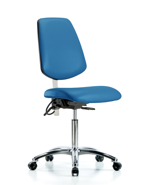 Blue Ridge Ergonomics NECR-VMBCH-MB-CR-T0-A0-NF-EC-ESDBLU Class 100 Vinyl Clean Room/ESD Chair - Medium Bench Height with Medium Back & ESD Casters in Blue ESD Vinyl