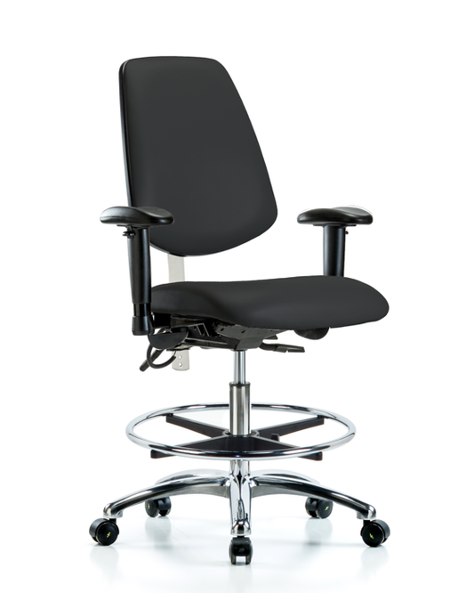 Blue Ridge Ergonomics NECR-VMBCH-MB-CR-T0-A1-CF-EC-ESDBLK Class 100 Vinyl Clean Room/ESD Chair - Medium Bench Height with Medium Back, Adjustable Arms, Chrome Foot Ring, & ESD Casters in Black ESD Vinyl