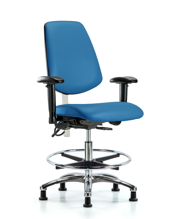 Blue Ridge Ergonomics NECR-VMBCH-MB-CR-T0-A1-CF-EG-ESDBLU Class 100 Vinyl Clean Room/ESD Chair - Medium Bench Height with Medium Back, Adjustable Arms, Chrome Foot Ring, & ESD Stationary Glides in Blue ESD Vinyl