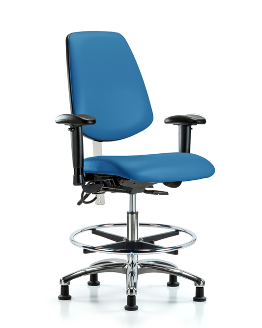 Blue Ridge Ergonomics NECR-VMBCH-MB-CR-T0-A1-CF-EG-ESDBLU Class 100 Vinyl Clean Room/ESD Chair - Medium Bench Height with Medium Back, Adjustable Arms, Chrome Foot Ring, & ESD Stationary Glides in Blue ESD Vinyl