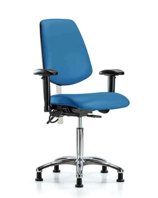 Blue Ridge Ergonomics NECR-VMBCH-MB-CR-T0-A1-NF-EG-ESDBLU Class 100 Vinyl Clean Room/ESD Chair - Medium Bench Height with Medium Back, Adjustable Arms, & ESD Stationary Glides in Blue ESD Vinyl