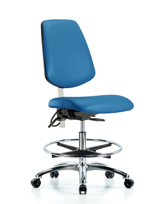 Blue Ridge Ergonomics NECR-VMBCH-MB-CR-T1-A0-CF-EC-ESDBLU Class 100 Vinyl Clean Room/ESD Chair - Medium Bench Height with Medium Back, Seat Tilt, Chrome Foot Ring, & ESD Casters in Blue ESD Vinyl