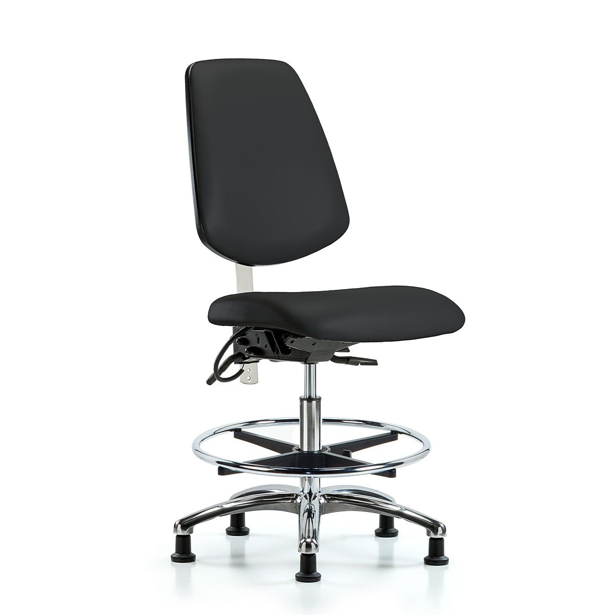 Blue Ridge Ergonomics NECR-VMBCH-MB-CR-T1-A0-CF-EG-ESDBLK Class 100 Vinyl Clean Room/ESD Chair - Medium Bench Height with Medium Back, Seat Tilt, Chrome Foot Ring, & ESD Stationary Glides in Black ESD Vinyl