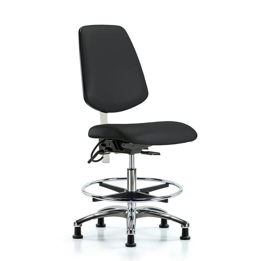 Blue Ridge Ergonomics NECR-VMBCH-MB-CR-T1-A0-CF-EG-ESDBLK Class 100 Vinyl Clean Room/ESD Chair - Medium Bench Height with Medium Back, Seat Tilt, Chrome Foot Ring, & ESD Stationary Glides in Black ESD Vinyl