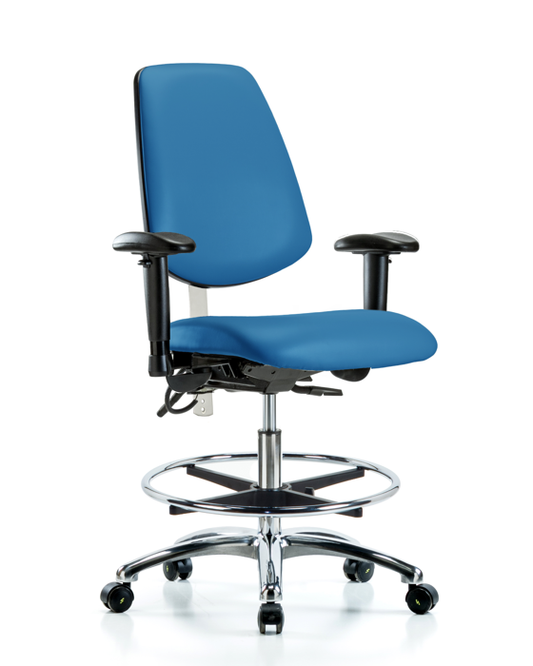 Blue Ridge Ergonomics NECR-VMBCH-MB-CR-T1-A1-CF-EC-ESDBLU Class 100 Vinyl Clean Room/ESD Chair - Medium Bench Height with Medium Back, Seat Tilt, Adjustable Arms, Chrome Foot Ring, & ESD Casters in Blue ESD Vinyl